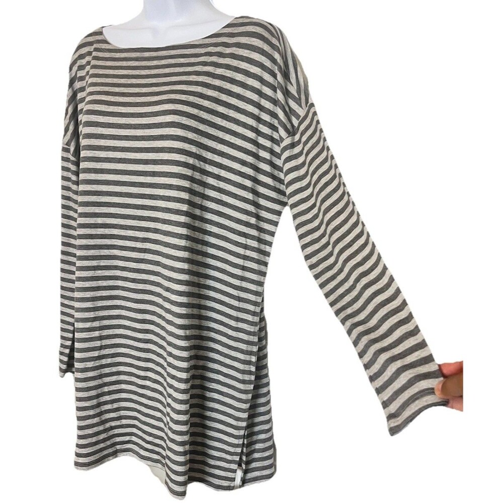 NWT Eileen Fisher Striped Cozy Brushed Terry Round Neck Long Box-Top Size Small - Picture 4 of 16